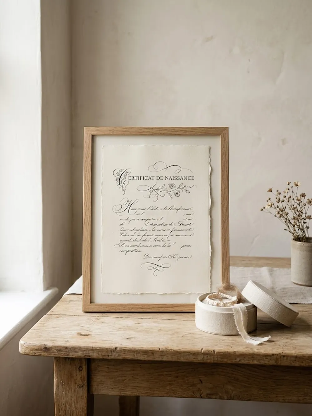 Le certificat du premier instant dans un cadre en bois clair, à côté d'une boîte à souvenirs ouverte