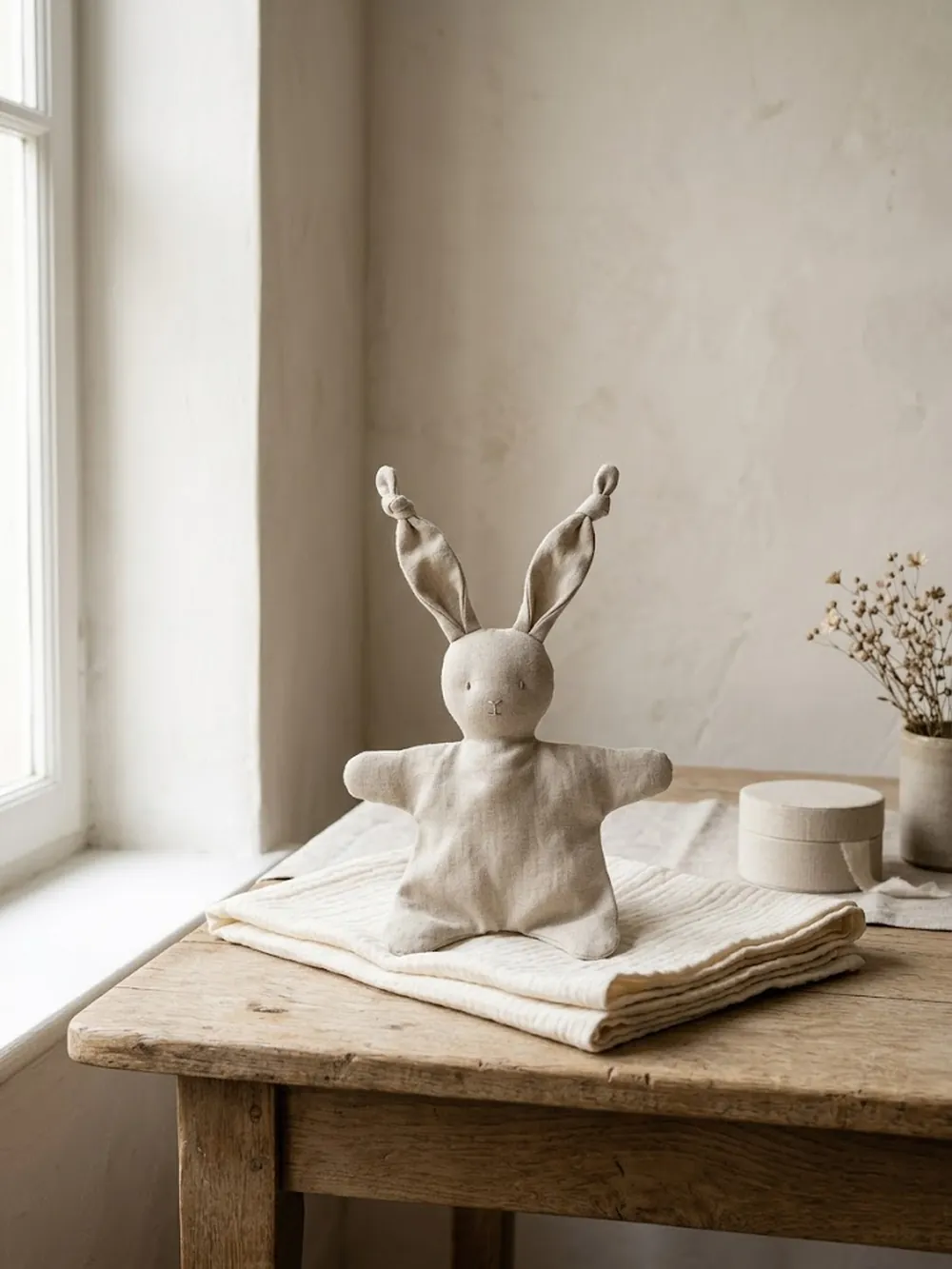 Un doudou lapin en lin naturel posé sur un lange en mousseline