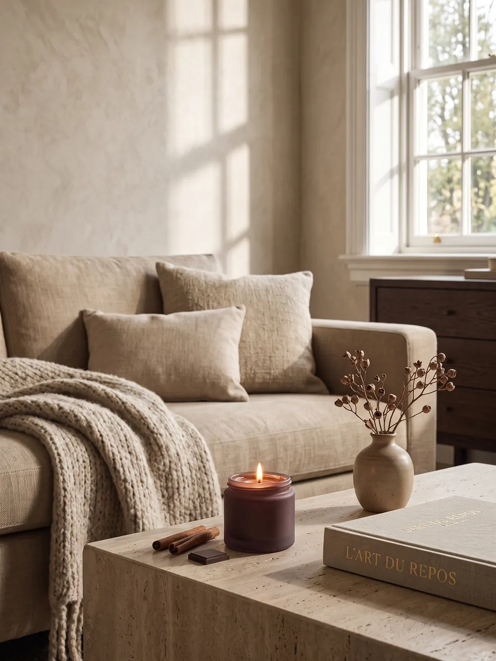 Un salon avec plaid en maille, coussins en lin et bougie