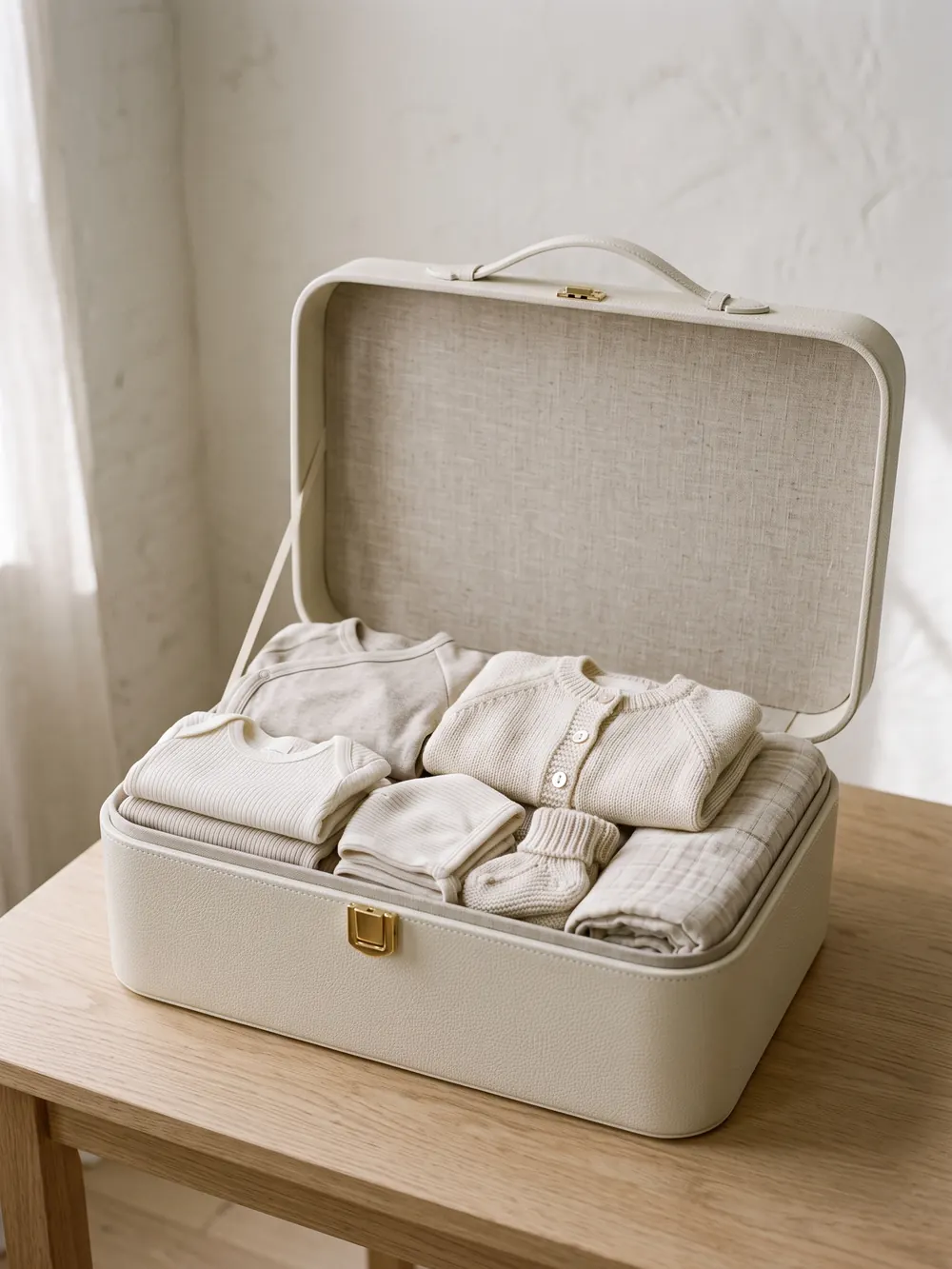 La valise du premier instant ouverte : layette en coton biologique et mérinos pliée dans la mallette en cuir grainé crème